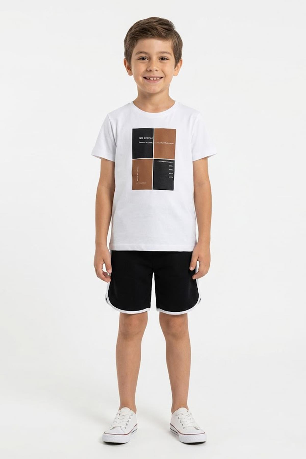 Baskılı Kısa Kol Tişört ve Şort 2’li Erkek Çocuk Takımı Siyah - 8 Yaş