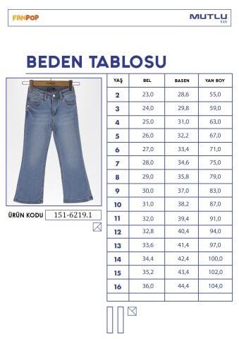 İspanyol Paça kız Kot Pantolon Açık Mavi - 9 Yaş