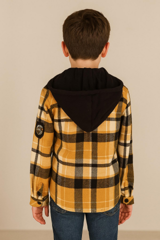 Mutlu Kids Kapüşonlu Kürk Astarlı Ekoseli Kalın Erkek Çocuk Gömlek Hardal - 5 Yaş