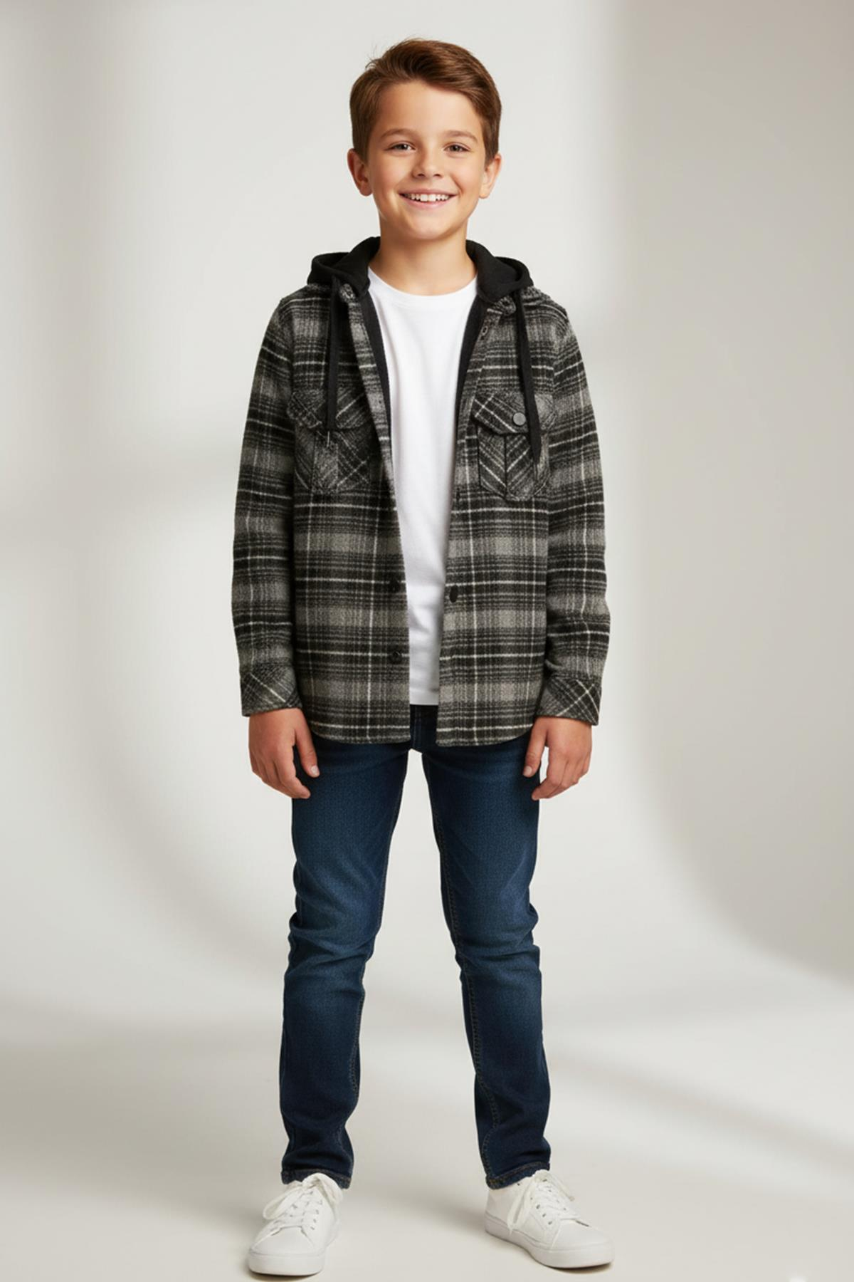 Mutlu Kids Kapüşonlu Kürk Astarlı Ekoseli Kalın Erkek Çocuk Gömlek Gri - 3 Yaş