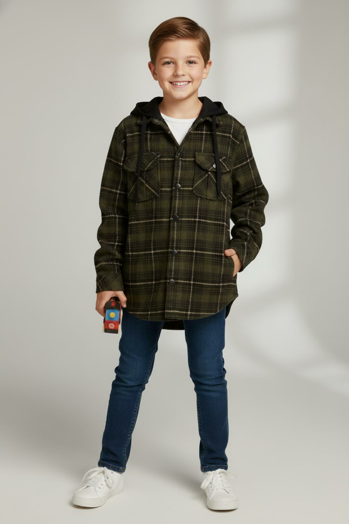 Mutlu Kids Kapüşonlu Kürk Astarlı Ekoseli Kalın Erkek Çocuk Gömlek Haki - 7 Yaş