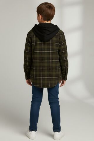Mutlu Kids Kapüşonlu Kürk Astarlı Ekoseli Kalın Erkek Çocuk Gömlek Haki - 7 Yaş