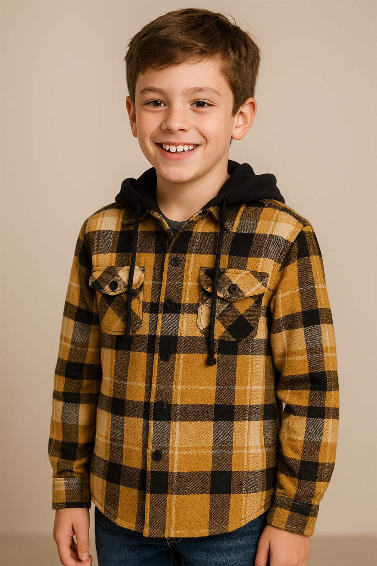 Mutlu Kids Kapüşonlu Kürk Astarlı Ekoseli Kalın Erkek Çocuk Gömlek Hardal - 7 Yaş