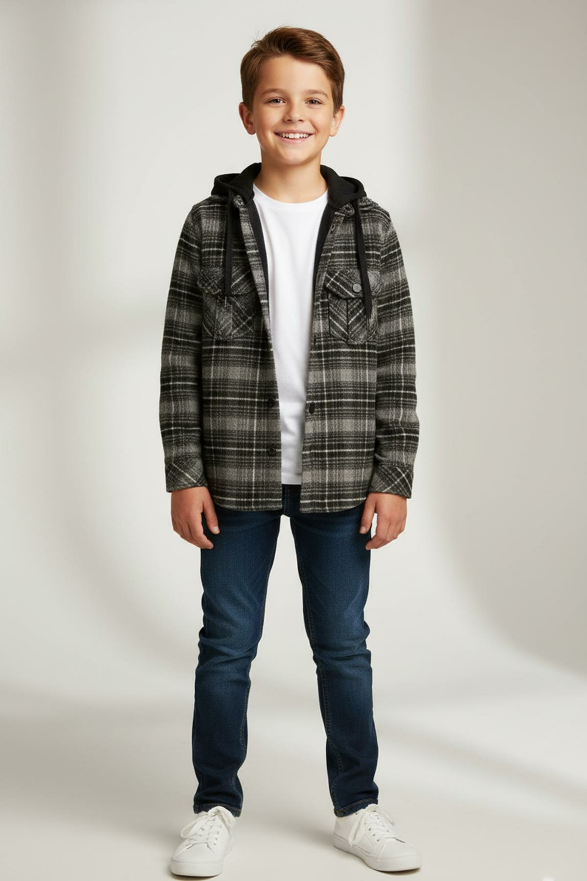 Mutlu Kids Kapüşonlu Kürk Astarlı Ekoseli Kalın Erkek Çocuk Gömlek Gri - 7 Yaş