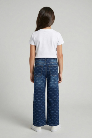 Fiyonk Lazerli Kız Kot Pantolon ORTA MAVİ - 8 Yaş