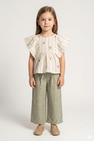 Keten Görünümlü Gömlek ve Bağcıklı Pantolon 2'li Kız Çocuk Takımı Mavi - 6 Yaş