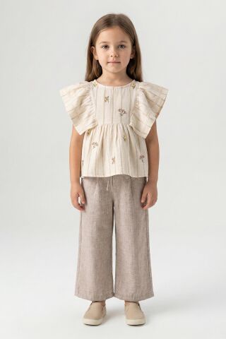 Keten Görünümlü Gömlek ve Bağcıklı Pantolon 2'li Kız Çocuk Takımı Bej - 6 Yaş