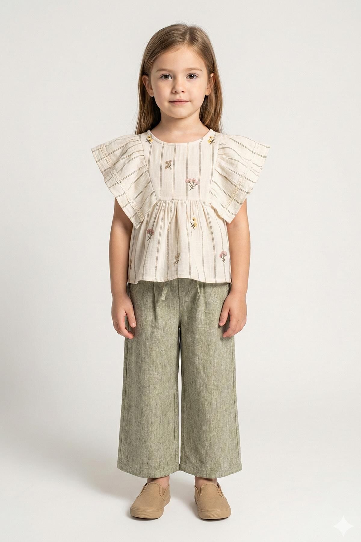 Keten Görünümlü Gömlek ve Bağcıklı Pantolon 2'li Kız Çocuk Takımı ÇAĞLA - 6 Yaş