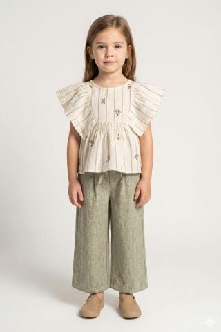 Keten Görünümlü Gömlek ve Bağcıklı Pantolon 2'li Kız Çocuk Takımı ÇAĞLA - 6 Yaş