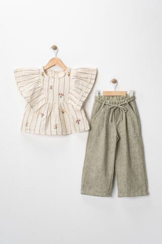 Keten Görünümlü Gömlek ve Bağcıklı Pantolon 2'li Kız Çocuk Takımı ÇAĞLA - 6 Yaş