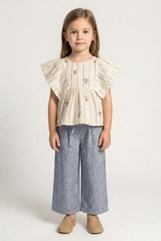 Keten Görünümlü Gömlek ve Bağcıklı Pantolon 2'li Kız Çocuk Takımı Mavi - 6 Yaş