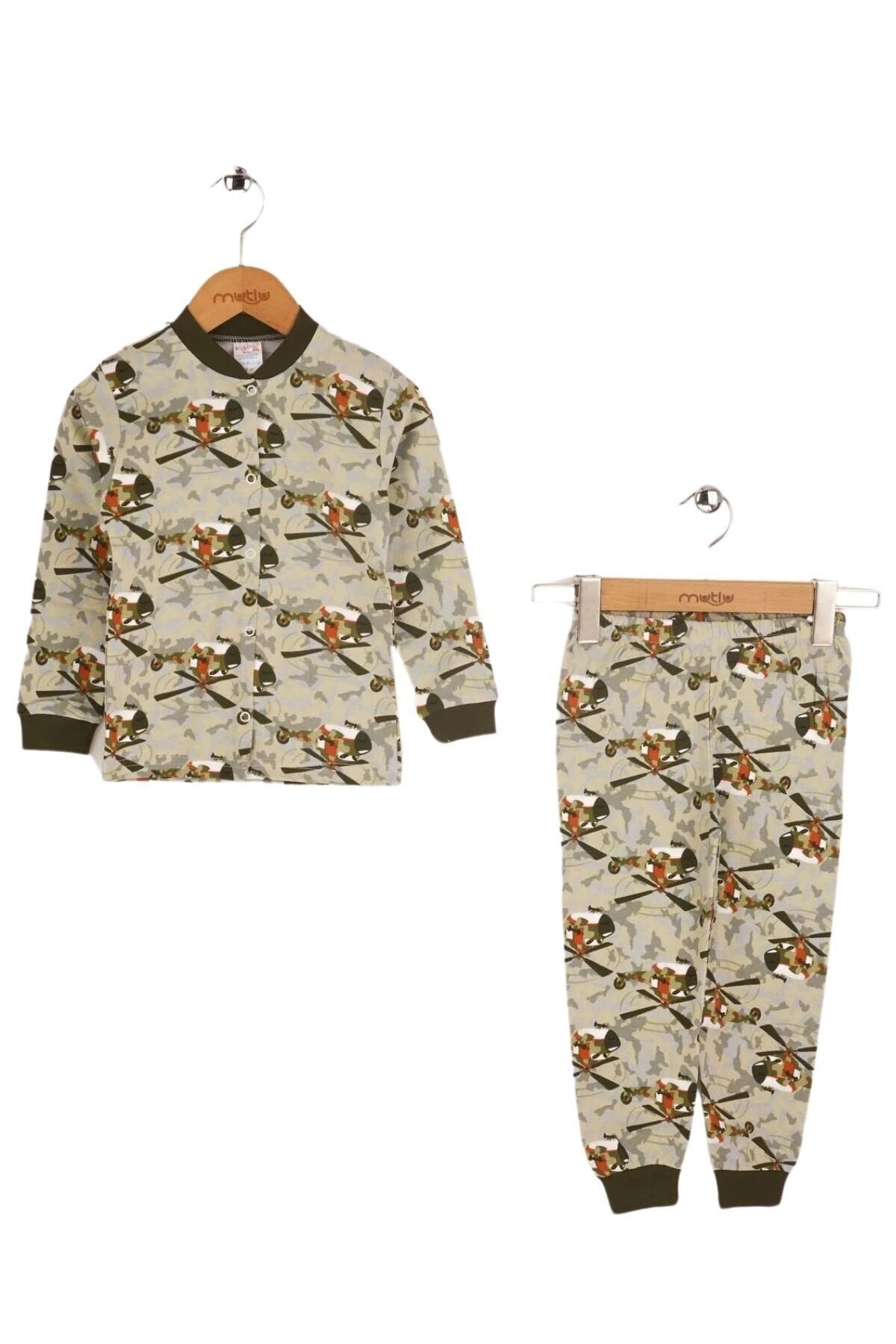 Seçkin Baskılı Ön Çıtçıtlı Çocuk Pijama Takımı Haki - 3 Yaş
