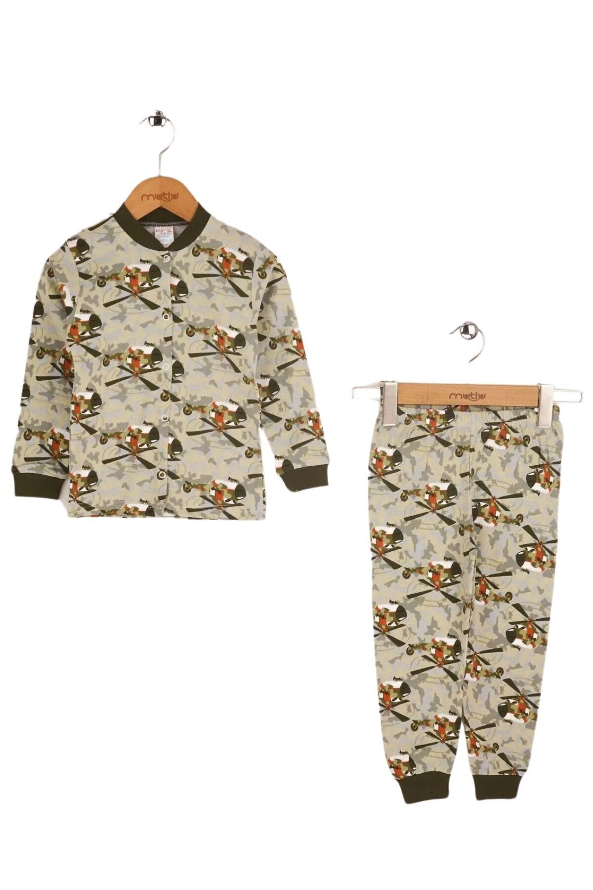 Seçkin Baskılı Ön Çıtçıtlı Çocuk Pijama Takımı Haki - 5 Yaş