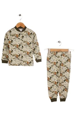 Seçkin Baskılı Ön Çıtçıtlı Çocuk Pijama Takımı Haki - 6 Yaş