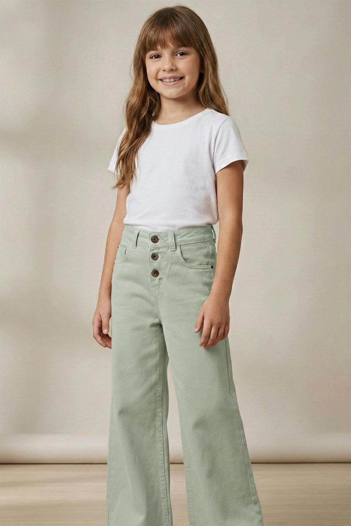 Mutlu Kids Kız Çocuk Wide Leg Kot Pantolon Yeşil - 8 Yaş