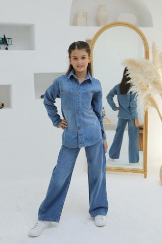 Taşlı Kot Gömlek ORTA MAVİ - 9 Yaş