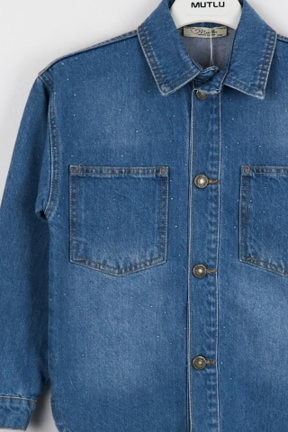 Taşlı Kot Gömlek ORTA MAVİ - 9 Yaş