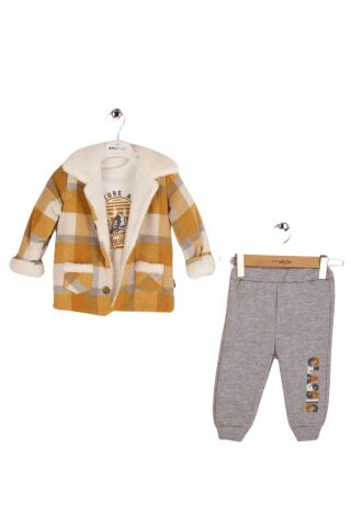 Baray Ekose Peluş Ceketli 3'lü Çocuk Takım Kahve