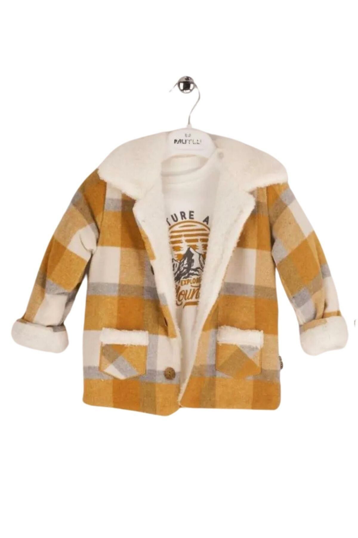 Baray Ekose Peluş Ceketli 3'lü Çocuk Takım Kahve Sarı - 2 Yaş