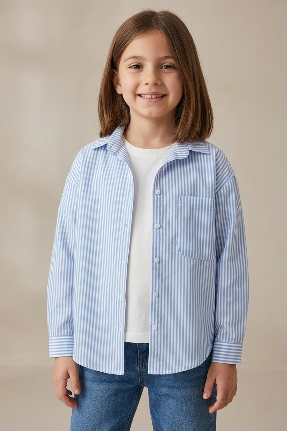 Çizgili Gömlek Body Kız Takım Mavi - 9 Yaş
