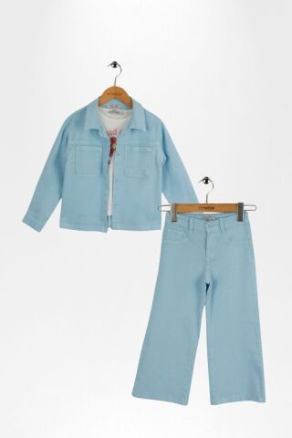 Aplike Nakışlı Kız Ceket Takımı Mavi - 5 Yaş