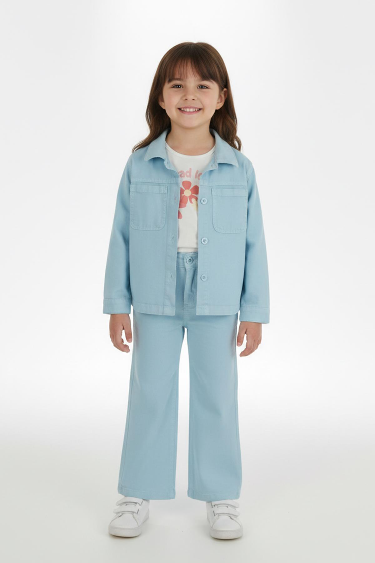 Aplike Nakışlı Kız Ceket Takımı Mavi - 6 Yaş