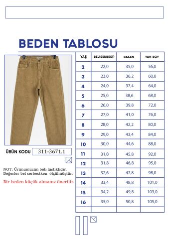 Mutlu Klasik Erkek Kadife Pantolon 3 Yaş - Vizon