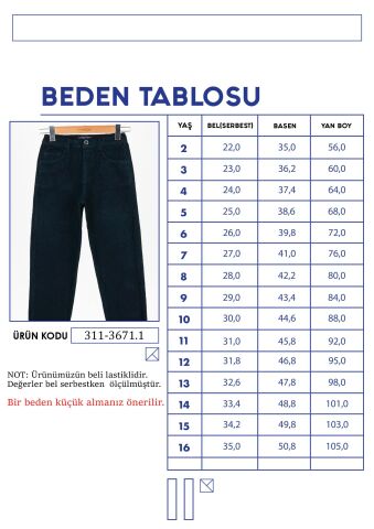 Mutlu Klasik Erkek Kadife Pantolon Lacivert - 7 Yaş