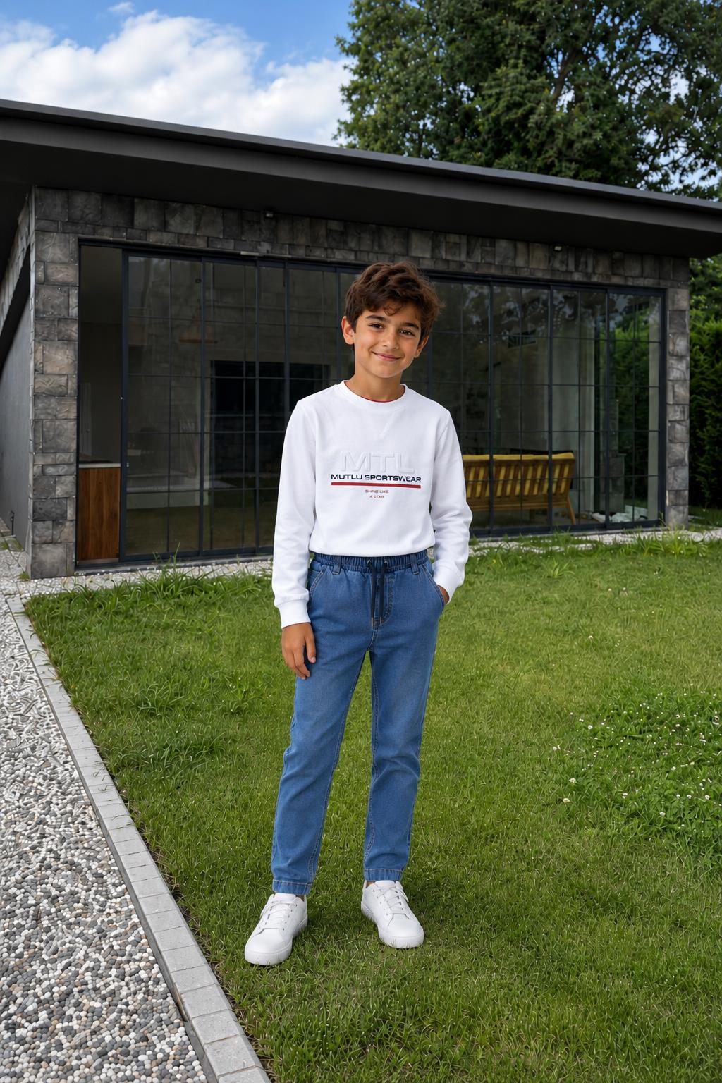 Bel Lastikli Erkek Kot Pantolon ORTA MAVİ - 8 Yaş