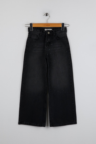 Taşlı Kız Kot Pantolon Antrasit - 9 Yaş