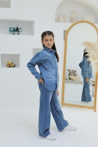 Taşlı Kız Kot Pantolon ORTA MAVİ - 8 Yaş