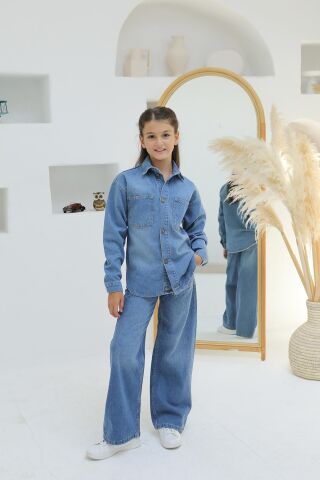 Taşlı Kız Kot Pantolon ORTA MAVİ - 9 Yaş