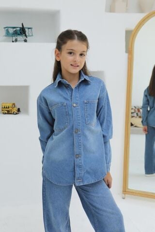 Taşlı Kız Kot Pantolon ORTA MAVİ - 9 Yaş