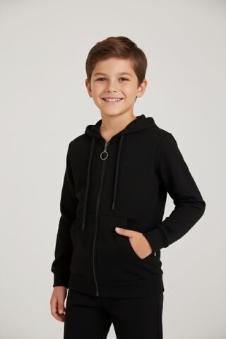 Mutlu Kanguru Cepli Uzun Kol Unisex Hırka Siyah - 7 Yaş