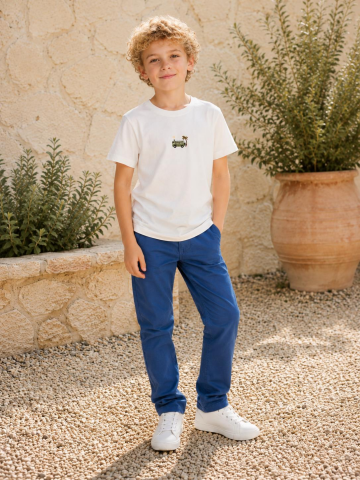 Mutlu Kids Erkek Çocuk Ekru Nakış İşlemeli Desenli Pamuklu Basic Tişört İndigo - 9 Yaş