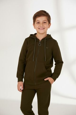 Mutlu Kanguru Cepli Uzun Kol Unisex Hırka Haki - 13 Yaş