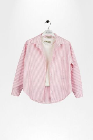 Çizgili Gömlek Body Kız Takım Pembe - 12 Yaş