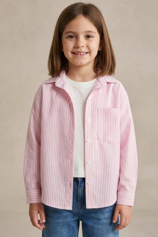 Çizgili Gömlek Body Kız Takım Pembe - 15 Yaş