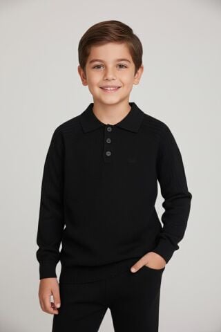 Polo Yaka Erkek Triko Siyah - 9 Yaş