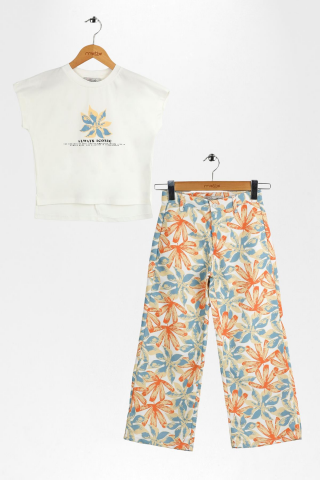 Çiçek Desenli Pantolon ve Baskılı Kısa Kollu Tişört Kız Çocuk Takımı Sarı - 9 Yaş