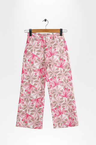 Çiçek Desenli Pantolon ve Baskılı Kısa Kollu Tişört Kız Çocuk Takımı Pembe - 9 Yaş