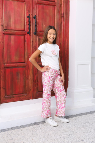 Çiçek Desenli Pantolon ve Baskılı Kısa Kollu Tişört Kız Çocuk Takımı Pembe - 9 Yaş