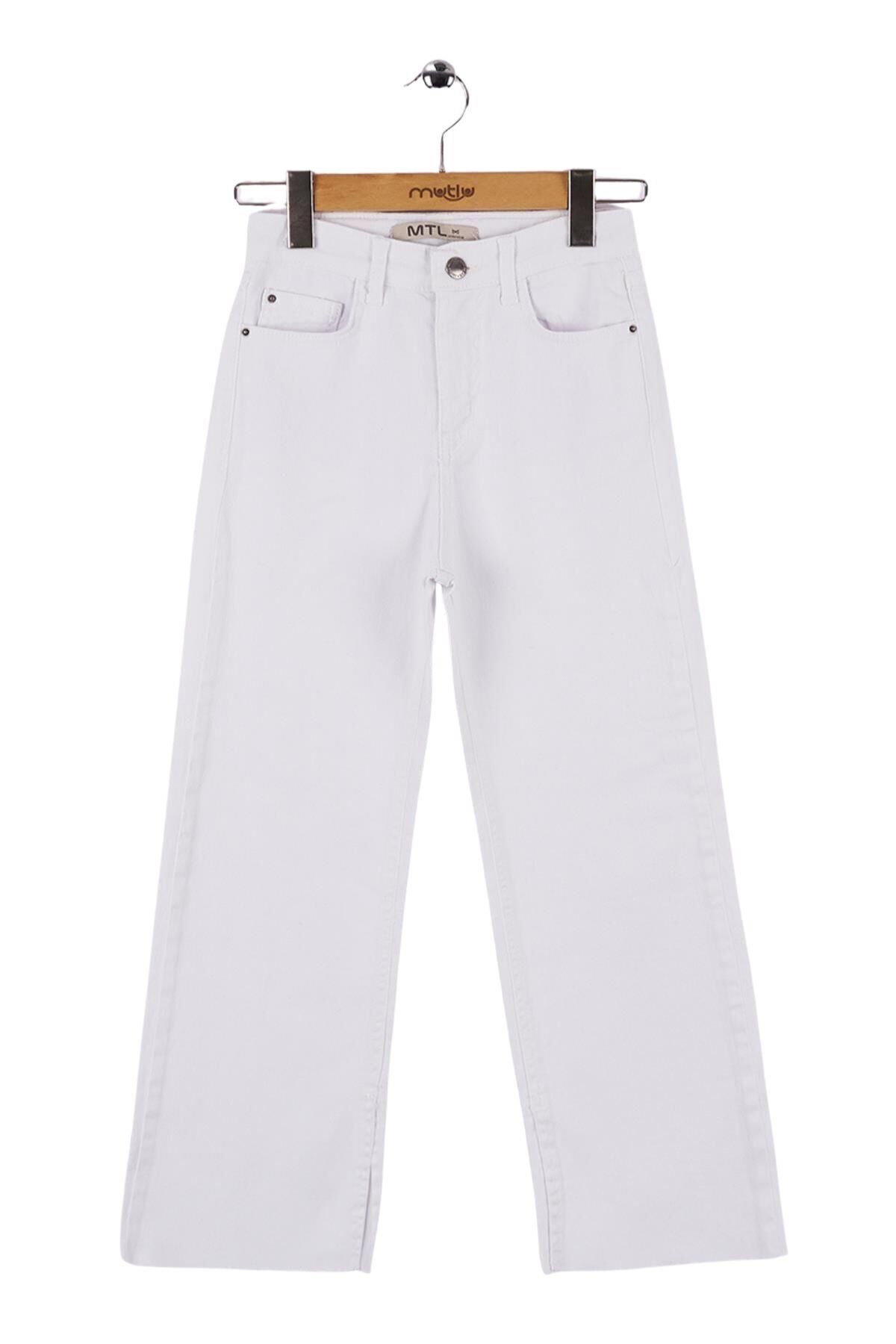 Mutlu Kids Paçası Yırtmaçlı Gabardin Kız Çocuk Pantolon Beyaz - 8 Yaş