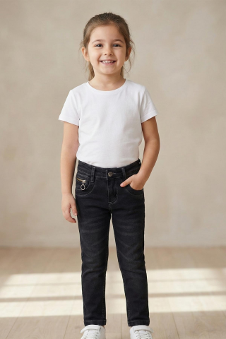 Mutlu Kids Cep Fermuarlı Kız Kot Pantolon Siyah - 11 Yaş