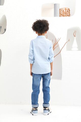 Mutlu Kids Düz Renk Uzun Kollu Erkek Çocuk Gömlek Mavi - 9 Yaş