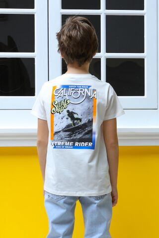 Erkek Çocuk Sırt Baskılı Pamuklu Kısa Kol Tişört Beyaz - 9 Yaş