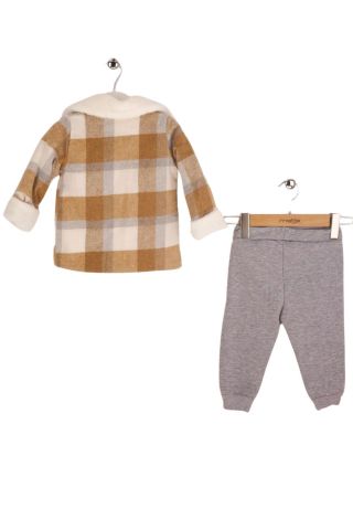 Baray Ekose Peluş Ceketli 3'lü Çocuk Takım Kahve