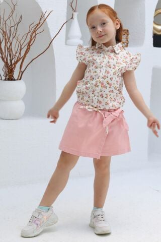 Mutlu Kids Fiyonk Detaylı Kız Çocuk Bebek Gabardin Şort Etek Haki - 5 Yaş