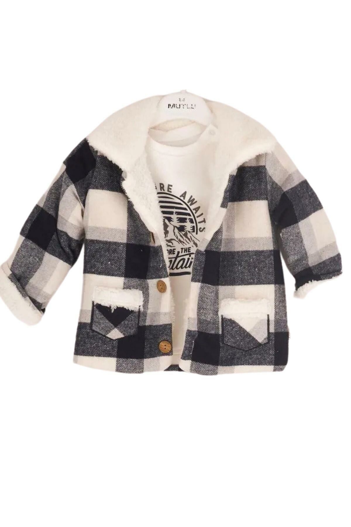 Baray Ekose Peluş Ceketli 3'lü Çocuk Takım Siyah Siyah - 3 Yaş