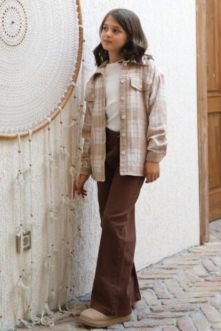 Mutlu Kids İçi Kürk Astarlı Kalın Ekose Kız Çocuk Gömlek Bej - 13 Yaş